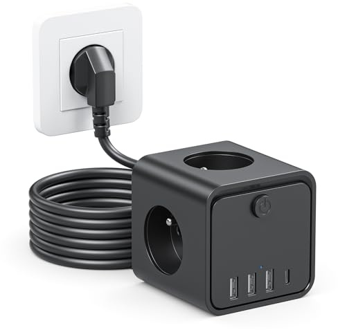 7 in 1 Socket Cube with USB C, 3 Sockets, Flat Socket with Individual Switch, Cube Power Strip with 3 m Cable, 3 USB A Power Strip for Office, Home, Travel