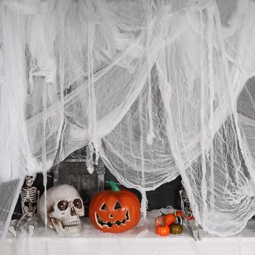 XULEGGNK 2 Stück Halloween Deko Stoff 5M X 1M, Käsetuch Weiß, Halloween Deko Horror Türvorhang, Für Dekoration Innen Outdoor, Fenster, Türvorhang, Vorhang, Spinnennetz, Weiß