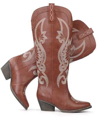 Hawkwell Damen-Cowboystiefel mit spitzer Zehenpartie und Blockabsatz, zum Hineinschlüpfen, kniehohe Westernstiefel