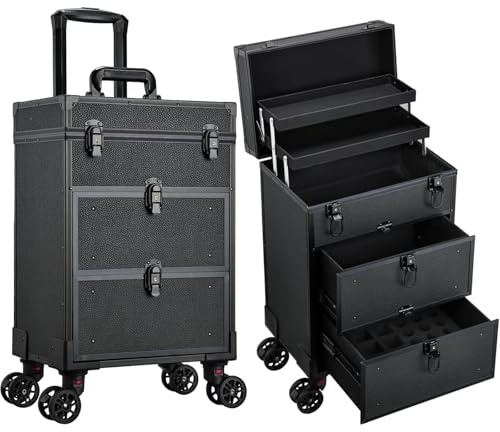Joligrace Makeup Case Vanity Case Large Makeup Trolley on Wheels with 2 Drawers Make Up Box Organiser Storage Travel Beauty Nail Organiser, Black