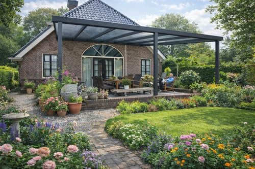 Terrassenüberdachung Aluminium Barcelona mit VSG Glas – Hochwertiges Terrassendach, Wetterfest, Stabile Alu Konstruktion für Terrasse & Garten (Anthrazit, 305 x 300 cm)