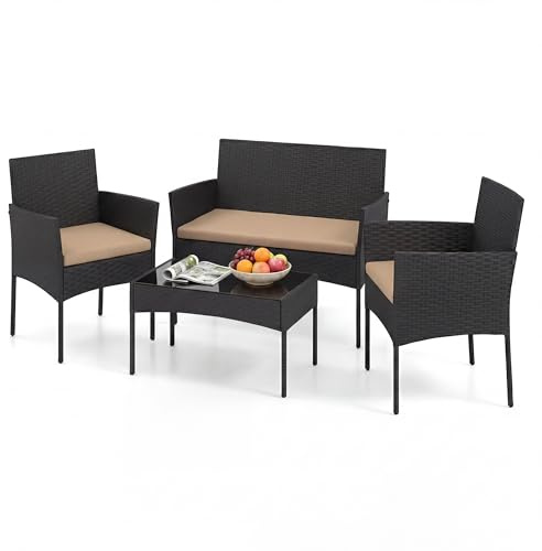 Salotto da Giardino Esterno 4 Pezzi, Set da Esterno in Rattan con Tavolino con Piano in Vetro, Divano 2 Posti e 2 Poltrone, Set da Conversazione con Cuscini per Patio, Balcone e Terrazzo (Tortora)