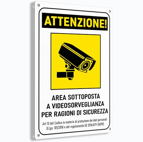 Longivia Cartello Area Videosorvegliata in Alluminio 30cm x 20cm | Spessore 1mm con Adesivo e 4 Fori| Per esterno ed interno | Conforme GDPR per Telecamere di Videosorveglianza