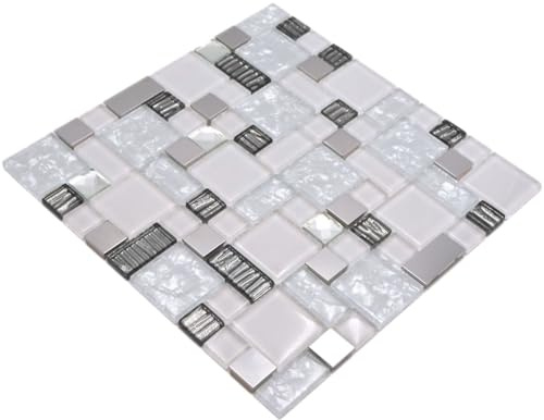 Mosaik Fliese Transluzent Edelstahl weiß Kombination Glasmosaik Crystal Stahl weiß Glas für WAND BAD WC, Mattengröße: 300x300 = 0,09 qm, Steingröße: 23x23/23x48/48x48x8 mm - 1 Matte