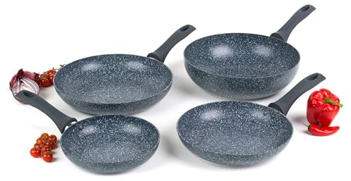 Russell Hobbs COMBO-5390 Nightfall Stone 4-Piece Pan Set, Non-Stick Frying Pan and Stir Fry Pan Set, 20/24/28 cm Pressed Aluminium Cookware, Induction Hob Fry Pan and Wok with Soft-Touch Handles