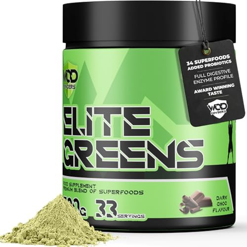 Elite Greens Superfood - WOD Powders | 34 Vegan Superfoods and Natural Ingredients, Green and Red Fruits, Berries,Vegetables, Prebiotics & Digestive Enzymes - 500g (Dark Chocolate)