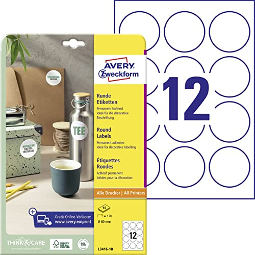 AVERY Zweckform L3416-10 runda etiketter (120 självhäftande prickar, Ø 60 mm på A4, runda klistermärken för tryck, självhäftande produktetiketter, permanent självhäftande syltetiketter) 10 ark, vit