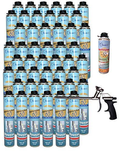 Dstock60-48 Stück Bauschaum/Montageschaum 750 ml - 1 Sprühpistole- 1 Schaumreiniger - Profi PU-Schaum - Isolierung, Kleber, Abdichtung - für den Innen- und Außenbereich
