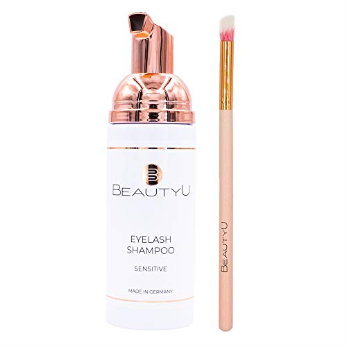 BeautyU® Eyelash Shampoo Sensitive mit Reinigungsbürste I Wimpernshampoo mit Allantoin & Pro-Vitamin B I Entfernt sanft Make-Up & Rückstände I Für Wimpernverlängerung geeignet I Made in Germany
