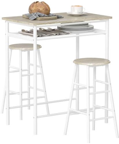 HOMCOM Breakfast Bar Table Set, 2 Stools, Storage Shelf, White and Oak | Metal Frame Footrest, Kitchen, Dining Room, Pub, Cafe