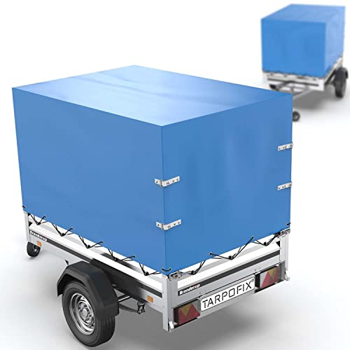 Tarpofix® Anhänger Plane 212x123x90 cm inkl Planenseil | Anhängerplane Hochplane aus PVC PLANENMATERIAL | Verstärkte Brenderup Anhänger Plane für 750kg PKW Hänger | Abdeckplane Anhänger Abdeckung Blau