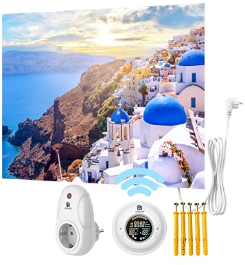 BR Bringer Bild Infrarotheizung rahmenlos 450 Watt & Thermostat mit Fernbedienung - Bildheizung mit UV Druck - 80x60x1,8cm - Santorini, Griechenland