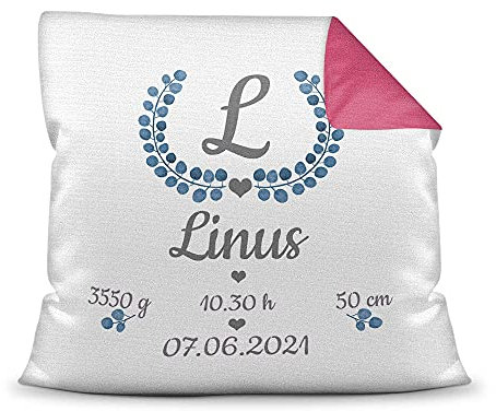Kissen mit Füllung - mit Geburtsdaten personalisieren - Babygeschenk für Jungen, Geschenk zur Geburt oder Taufe, Geburtskissen, Namenskissen fürs Baby I Farbkissen Rückseite Pink, 40x40 cm