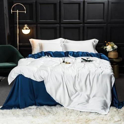 VIRUL Ensemble de literie en Soie Bleu foncé Ensemble de Housse de Couette en Soie Drap Plat Linge de lit Taie d'oreiller