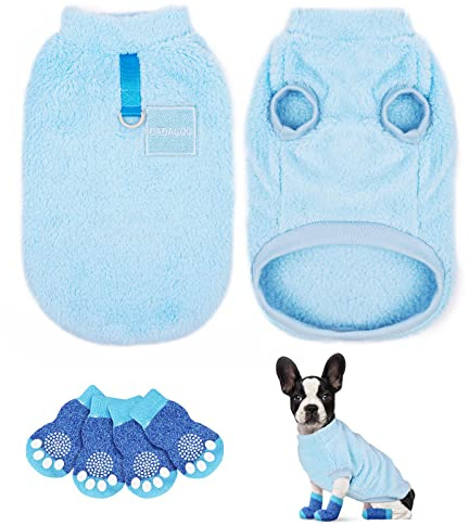 VSSHE Maglione per Animali Domestici, Maglione per Cani Caldo, Vestiti Morbidi per Cani Domestici con 4 Pezzi Calzini Antiscivolo per Cani, Adatto a Cani di Piccola, Media (M, Blu)