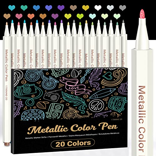 ANYUKE Metallic Stifte Feine 1mm, 20 Farben Metallischen Marker für Fotoalbum zum Selbstgestalten, Gästebuch Hochzeit, Schwarze Seiten, Scrapbook Zubehör, Weihnachten Halloween Deko Stifte