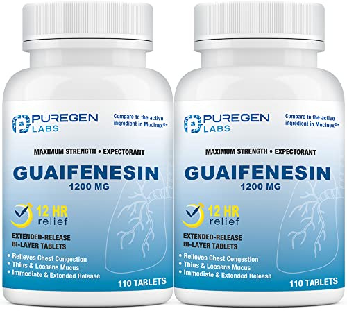 Puregen Labs Mucus Relief 12 Hour Extended Release Guaifenesin 1200mg Maximum Strength | Total 220 Tablets | Relief from Cough, Cold, Nasal & Chest Congestion | Expectorant | Extended Release