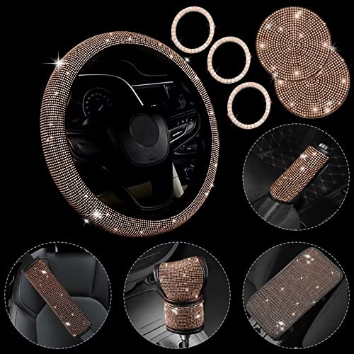 JINGSEN 11-teiliges Auto-Zubehör-Set, glitzerndes Autozubehör-Set für Frauen, glitzernde Lenkradhülle für Frauen, universelle Passform, 38,1 cm, Strass-Mittelkonsolenabdeckung