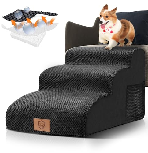 Thihome Hundetreppe 3 Stufen, Haustiertreppe für Sofa & Bett, Schwarz | Hochdichter Schaum, breite Trittflächen und Rutschhemmender Boden, Poignée Poche Rangement, für kleine Hunde, Max 23 kg