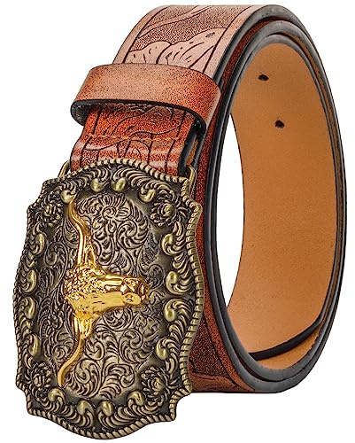 UTOWO Western PU-Leather Cowboy Cowgirl Buckle Belt for Men Women Jeans - Engraved Floral Golden Longhorn Bull Texas Buckle Belt