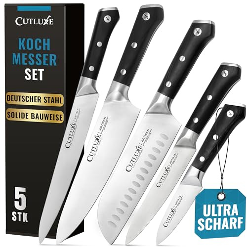 Cutluxe Kochmesser-Set 5-teilig – Küchenmesser aus deutschem Stahl, scharf | Ergonomische Griffe mit vollem Zapfen, professionelle Klingen – Artisan-Serie, geschmiedeter Hartmetall