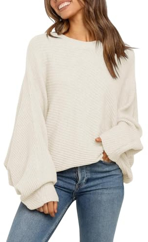 Fessceruna Jersey de Mujer Oversize Manga murciélago Jersey de Punto Jersey de Cuello Redondo para Invierno Sudadera Acanalada