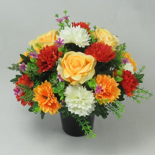 UK Handmade Artificial Grave Flowers for Cemetery Pot - Weather Resistant Faux Silk Memorial Arrangement with Premium Yellow open Roses and spiky Chrysanthemums in Red and Orange 27cm Grave Decoration
