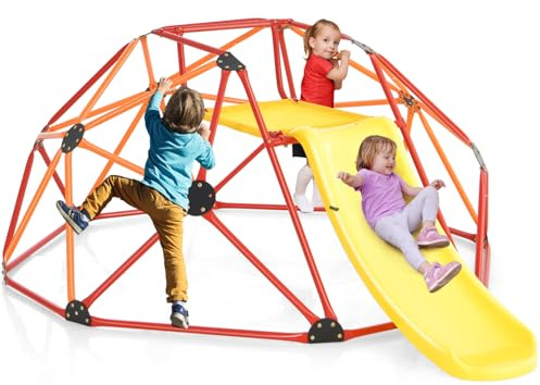 Costzon Kids Climbing Dome with Slide, 8FT Kids Jungle Gym Monkey Bar Climbing Toys for Outdoor, 2 in 1 Indoor Geometric Dome Climber Playground Set for 3-8 Boys Girls Toddlers Backyard Gift Present
