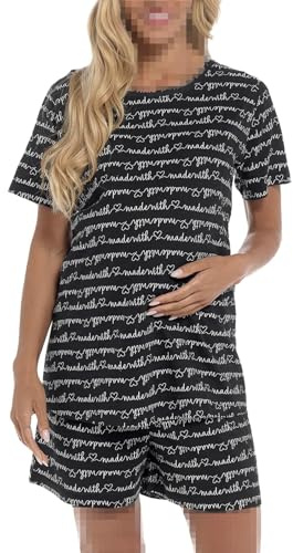 A2Z Ladies Maternity Shorts Pyjamas Set Printed Jersey Cotton Top Shorts - PJS 220 Black 16-18