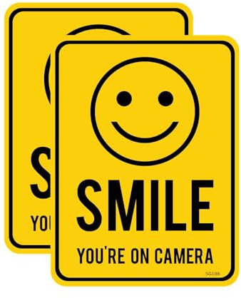 2 PACK - Small 9cm X 12cm SMILE YOUR ON CAMERA Self Adhesive Stickers - Yellow/Black, Sign, Warning, CCTV, Private Property, Surveillance SG186