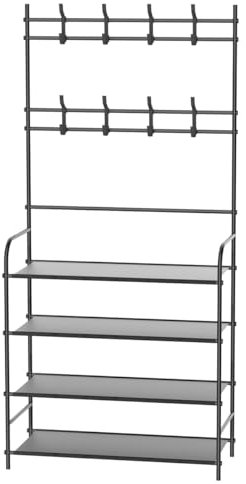 T-LOVENDO.ES Perchero zapatero con estantería y ganchos | Organizador de entrada para abrigos, bolsos y calzado | Mueble de metal resistente y funcional para recibidor. 150x60x26cm.