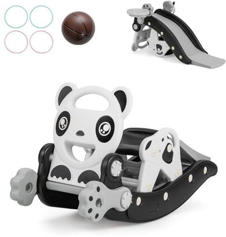 GYMAX 5 in 1 Cavallo a Dondolo Scivolo per Bambini, con Canestro da Basket e Gioco di Anelli, Set da Giochi Interno ed Esterno per Bambini da 1 a 5 Anni