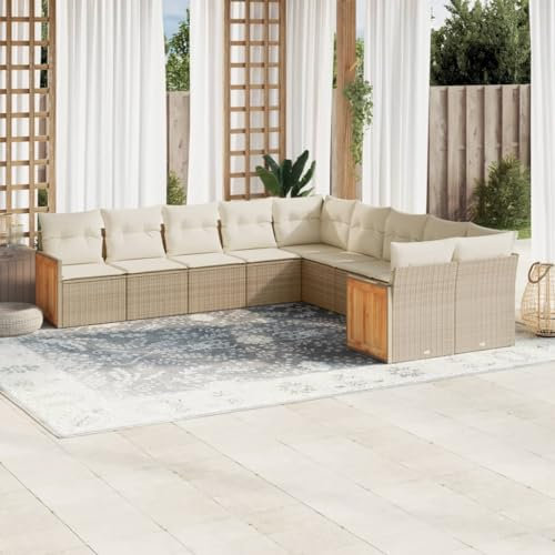 Rantry 10-TLG. Gartenmöbel Set mit Kissen Gartensofa Gartenlounge Balkonmöbel Loungesofa Rattansofa Modular Ecklounge Ecksofa Loungemöbel Sitzgruppe Sofagarnitur Beige Poly Rattan