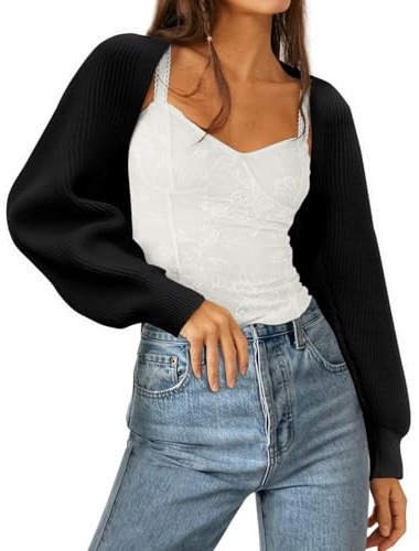 Zwurew Bolero Sweater for Women Knitted Long Sleeve Open Front Cropped Cardigans Black Shrugs for Women Y2K Tops