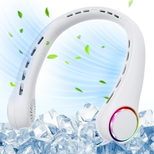 Halsventilator, 4 000 mAh nackfläkt USB minifläkt hals, handsfree bladlös fläkt, tyst, 3 hastigheter, LED-belysning, bärbar fläkthals för utomhusbruk, inomhus, resor, sport-vit