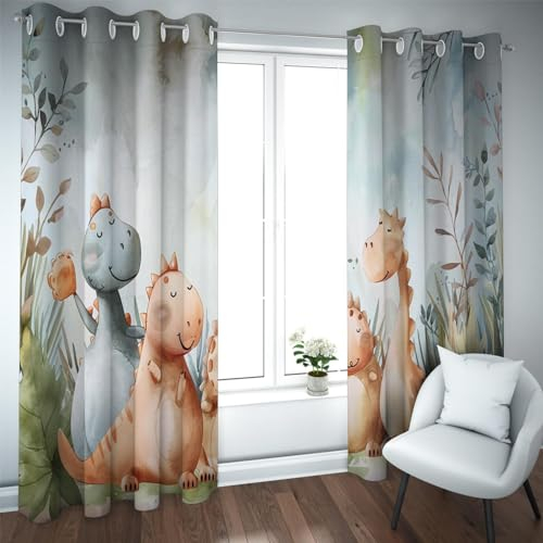 HOBBOY Cartoon Kinder Vorhang Dinosaurier Print Verdunkelungsvorhänge für Schlafzimmer Wohnzimmer Niedliche Tiere Verdunkelung Öse Kinderzimmer Fenster Vorhänge 2 Paneele 2xW132xL245cm
