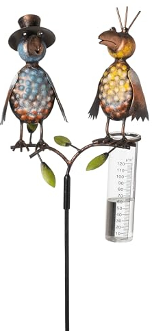 mucHome Regenmesser mit Glas Rabe aus Metall, 120 cm, Rabenpaar Vogel Gartenstecker, bunt lackiert