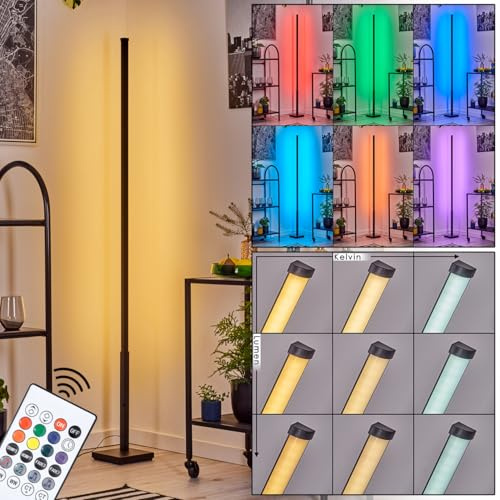 HOFSTEIN LED Stehleuchte Uglestrup, Stehlampe aus Metall/Kunststoff in Schwarz/Weiß, moderne Leuchte mit Farbwechsler, Fußschalter, Fernbedienung, 150,5cm, Kelvin einstellbar, Wohnzimmer, Schlafzimmer