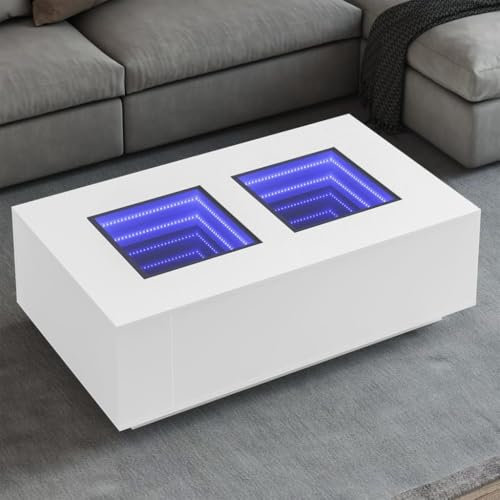 Brokky Coffee Table with Infinity LED White 116x69x40 cm-High Gloss Coffee Table Small Side table,Sofa End Table With Led RGB Lights Coffee Table For Living Room Furniture