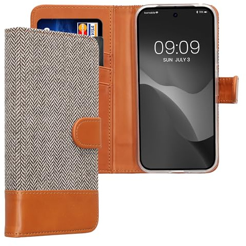 kwmobile Plånboksfodral kompatibelt med Google Pixel 9a – fodral tyg och fuskläder telefon flip fodral – ljusgrå/brun