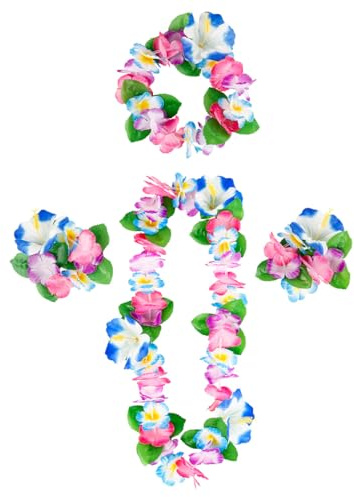 4Pcs Hawaii Kette Blumen Set,Blumenkette Hawaii,Blumen Armband Kette Blumenkranz,Hawaiian Accessoires Damen Party Outfit Deko für Poolparty Beachparty Karneval,Blau