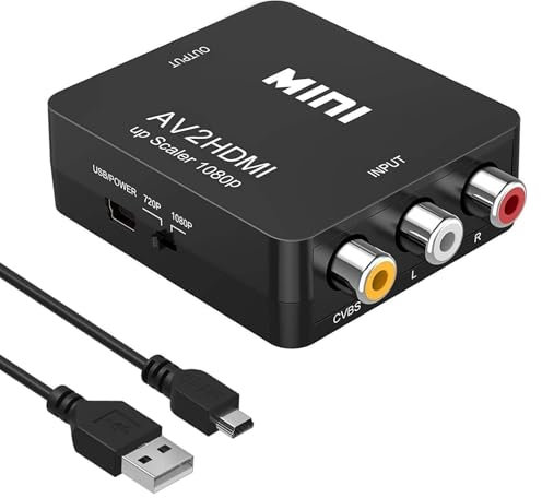 kwinfei RCA to HDMI Converter 1080P AV Adapter with USB Power Cable, Composite CVBS AV to HDMI Video Audio Converter for DVD Camcorder, Supports PAL/NTSC Output to HDTV Monitor with USB Power Cable