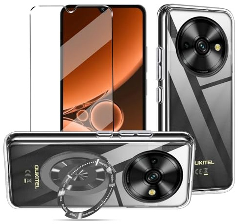 Junruijia Phone holder Ring with Phone Case Compatible with Oukitel C59 Pro / C59 Case with 1 Pcs Glass Screen Protector for Oukitel C59 Pro / C59, Soft TPU Shockproof Anti-Scratch - Clear