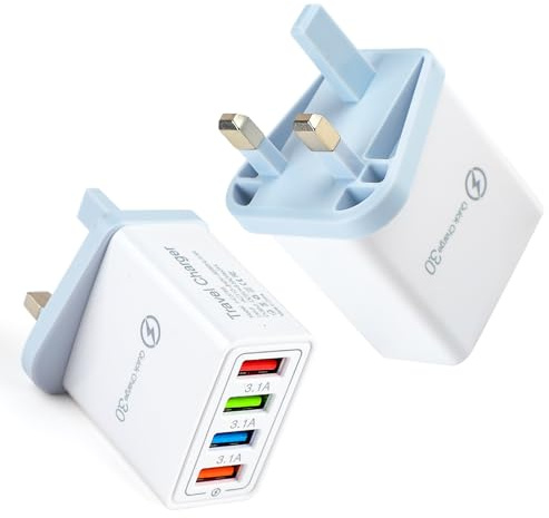 2 Pack 4-Port USB Charger Plug Multi USB Plug Charger UK, kclkda QC 3.0 3.1A Super Fast Charger Plugs, Compact Travel Wall Chargers Power Adapter for iPhone, Samsung, iPad and more (White)