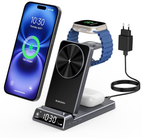 Elecdov 3 in 1 Wireless Charging Station with Clock, Foldable Charger Stand | Magnetic Charger Stand for iPhone 17/16/15, Foldable Wireless Charger for Apple Watch 10/Ultra/9/AirPods 4/3 (25W Adapter)
