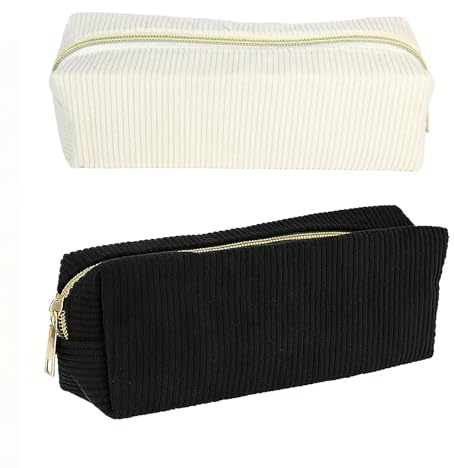 Solinorex 2 Stück Federmäppchen Cord Mäppchen Groß Kapazität mit Reißverschluss, Federtasche Beige, Federmäppchen Schwarz für Erwachsene & Kinder, Vielseitige Kulturbeutel für Schule, Reise