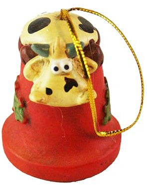 Dekorative Weihnachtsglocke, rot, aus Marmorharz, handbemalt mit Kuh, hergestellt in Italien, Weihnachtsbaumschmuck (Alice Lieges)