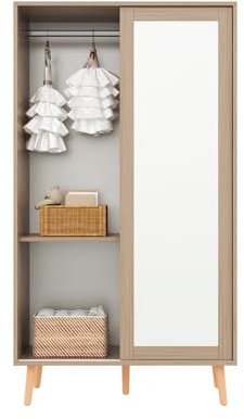 HAINEW Armario con 2 puertas correderas y barra para ropa, armario multiusos para dormitorio, habitación infantil, 80 × 46 × 141,5 cm, blanco + natural