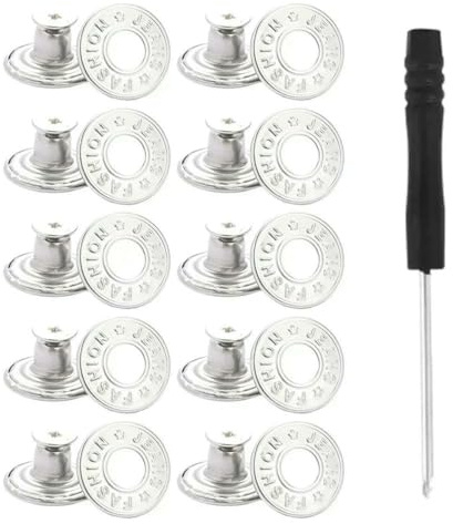 10 Stück Ersatz-Jeansknöpfe, 17 mm, nähfrei, abnehmbar, aus Metall, inklusive Reparaturfaden, Nieten und Schraubendrehern – E