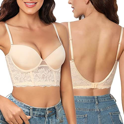 Niwicee Sujetador sin Espalda de V Profunda,Sujetadores de Alambre, Básico Bralette Push-up con Regulable Tirantes Cómodo Bralette (Beige,80C)
